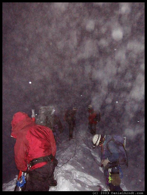 Mount Hood climb: roping up on the Hogsback at 10600 ft before dawn